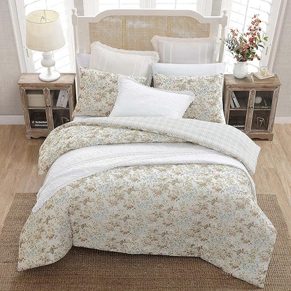 Laura Ashley - Queen Comforter Set, Reversible Cotton Bedding with Matching Shams, Floral Home Decor with Plaid Reverse (Bramble Floral Beige, Queen)
