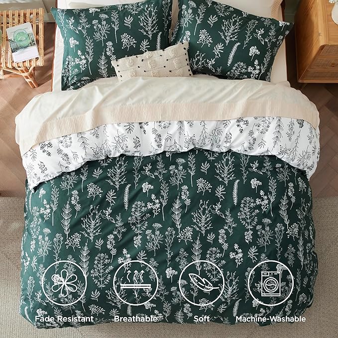 Bedsure Duvet Cover Queen Size - Reversible Emerald Green Queen Duvet Cover Set with Zipper Closure, 3 Pieces Floral Patterned Bedding Set with 8 Corner Ties and 2 Pillow Shams