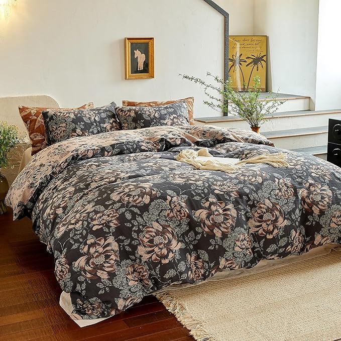 BISELINA 100% Cotton Muslin Duvet Cover Set King, 3 Pcs Yarn-Dyed Jacquard Textured Garden Flower, Soft and Breathable Bedding Set with Zipper Closure, Dark Blue Khaki