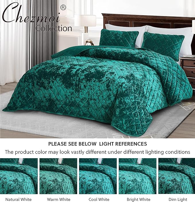Chezmoi Collection Lux Emerald Green Velvet Quilt Queen Set, 3-Piece Lush Plush Distressed Velvet Bedding All Season Lightweight Comforter Brushed Microfiber Reverse with Diamond Stitch Quilting