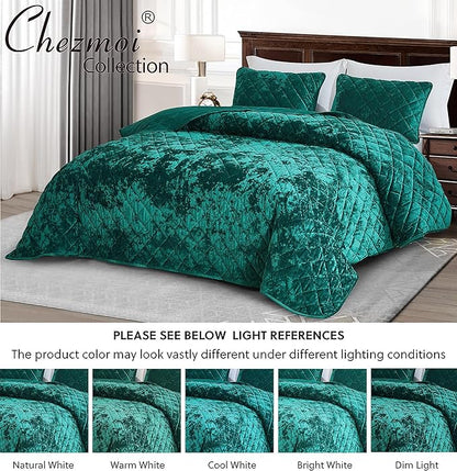Chezmoi Collection Lux Emerald Green Velvet Quilt Queen Set, 3-Piece Lush Plush Distressed Velvet Bedding All Season Lightweight Comforter Brushed Microfiber Reverse with Diamond Stitch Quilting