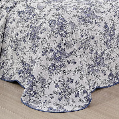 Wonderful 100% Cotton Blue Floral Bedspread Set Twin Size, Quilt Bedding Sets with Pillow Sham, 2 Pieces Floral Coverlet, Quilted Blanket Bed Cover for All Season, 80"x110"