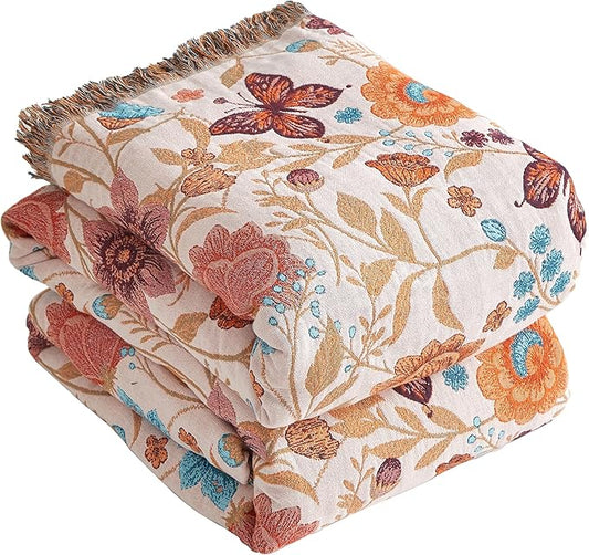 Boho Throw Blanket for Bed 60”x80”, 100% Cotton Woven Blanket for Couch Sofa, Ultra Soft 4-Layer Muslin Quilt with Floral Printed, Farmhouse Bed Blanket/Cover for Living Room Decor