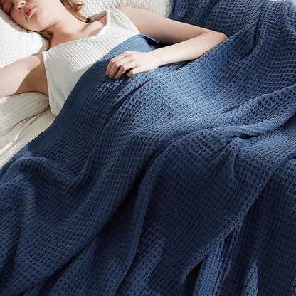 Bedsure Gentlesoft 100% Cotton Big Blanket Oversized King for Bed - Large Breathable Thick Cooling Waffle Weave Blanket for Summer, Couch Cover, Navy, 120x94 inches