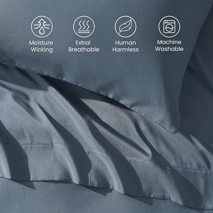SLEEP ZONE Nanotex Super Soft Cooling Bed Sheets Set Cal King 4 Piece - Easy Care Fitted Flat Sheet & Pillowcase Sets - Wrinkle Free, Fade Resistant, Deep Pocket 16" (Flint Blue, Cal King)