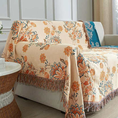 Boho Throw Blanket for Bed 60”x80”, 100% Cotton Woven Blanket for Couch Sofa, Ultra Soft 4-Layer Muslin Quilt with Floral Printed, Farmhouse Bed Blanket/Cover for Living Room Decor