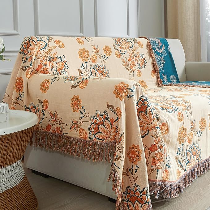 Boho Throw Blanket for Bed 80”x90”, 100% Cotton Woven Blanket for Couch Sofa, Ultra Soft 4-Layer Muslin Quilt with Floral Printed, Farmhouse Bed Blanket/Cover for Living Room Decor
