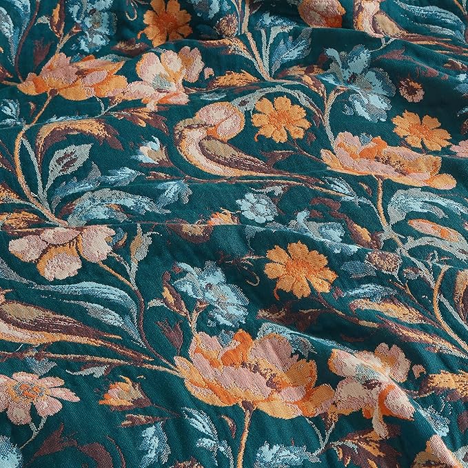 Boho Throw Blanket for Bed 90”x98”, 100% Cotton Woven Blanket for Couch Sofa, Ultra Soft 4-Layer Muslin Quilt with Floral Printed, Farmhouse Bed Blanket/Cover for Living Room Decor
