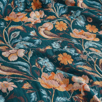 Boho Throw Blanket for Bed 80”x90”, 100% Cotton Woven Blanket for Couch Sofa, Ultra Soft 4-Layer Muslin Quilt with Floral Printed, Farmhouse Bed Blanket/Cover for Living Room Decor