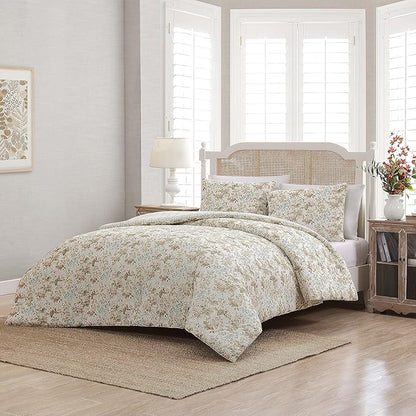 Laura Ashley - King Comforter Set, Reversible Cotton Bedding with Matching Shams, Floral Home Decor with Plaid Reverse (Bramble Floral Beige, King)