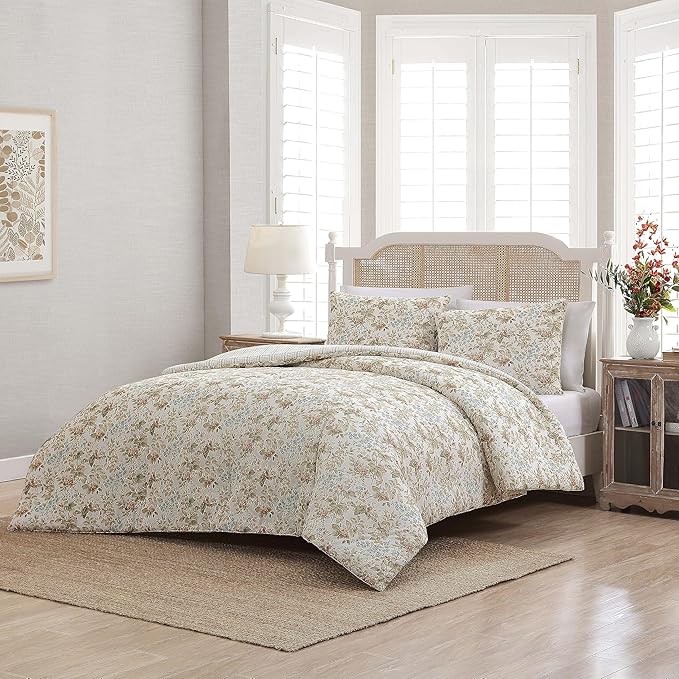 Laura Ashley - Twin Comforter Set, Reversible Cotton Bedding with Matching Sham, Floral Home Decor with Plaid Reverse (Bramble Floral Beige, Twin)