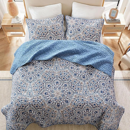 Comfort Spaces Valerie Boho Quilt Set King Blue - Soft Lightweight Bedding with Watercolor Medallion Design, Reversible All Season Quilt for Master Bedroom or Guest Room
