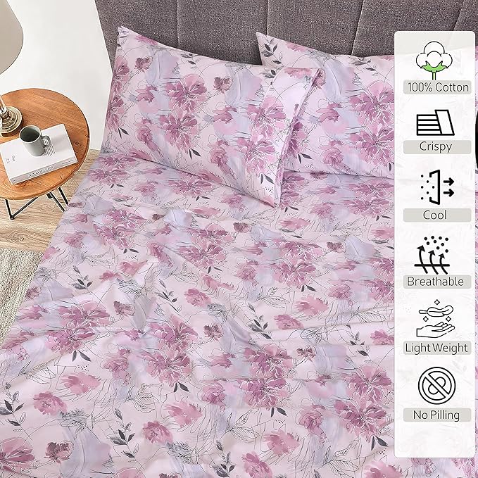 RUVANTI 100% Cotton Sheets – California King Percale Bedding, Cooling & Breathable Floral Design, Durable with a Crisp, Soft & Comfortable Feel, 14" Deep Pocket, 4-Piece Set, Lilac Floral