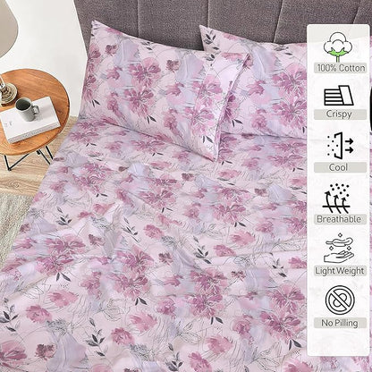 RUVANTI 100% Cotton Sheets – King Size Percale Bedding, Cooling & Breathable Floral Design, Durable with a Crisp, Soft & Comfortable Feel, 16" Deep Pocket, 4-Piece Set, Lilac Floral