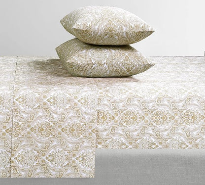 Feather & Stitch Softest 100% Cotton Sheets, 300 Thread Count Percale Weave Bedding, 16" Deep Pocket, Cooling Sheets, Breathable Bed Set, Hotel Premium Quality (Queen, Ivory Paisley)