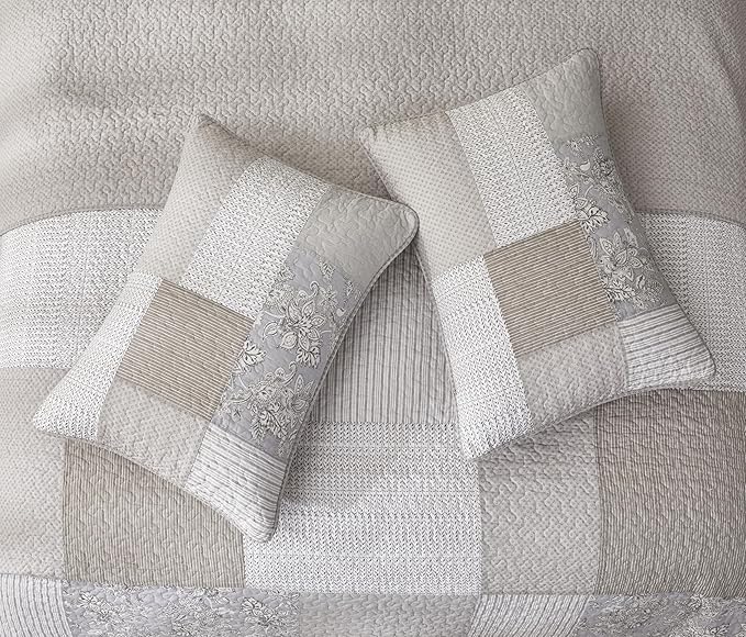 Chezmoi Collection Quinn 3-Piece Neutral Taupe Gray White Floral Hibiscus Flower Candy Stripe Patchwork Quilt Set - Pre-Washed Cotton Coverlet - Lightweight Reversible Bedspread, Queen Size