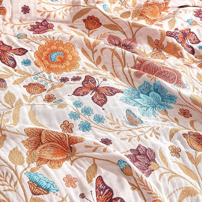 Boho Throw Blanket for Bed 80”x90”, 100% Cotton Woven Blanket for Couch Sofa, Ultra Soft 4-Layer Muslin Quilt with Floral Printed, Farmhouse Bed Blanket/Cover for Living Room Decor