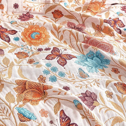 Boho Throw Blanket for Bed 80”x90”, 100% Cotton Woven Blanket for Couch Sofa, Ultra Soft 4-Layer Muslin Quilt with Floral Printed, Farmhouse Bed Blanket/Cover for Living Room Decor