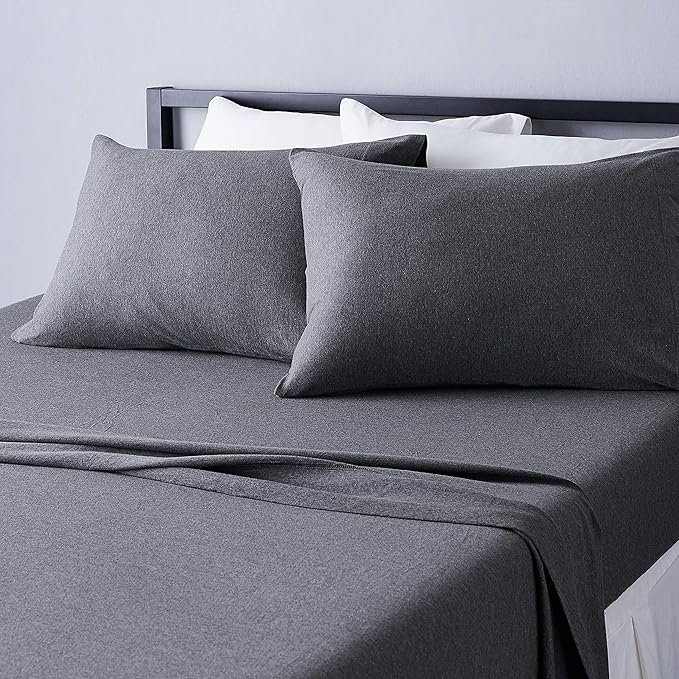 Amazon Basics 4 Piece Breathable 100% Cotton Jersey Bed Sheets Set, Machine Washable, Stretchy Flat and Fitted Sheets, Pillowcase, King, Dark Gray, Solid