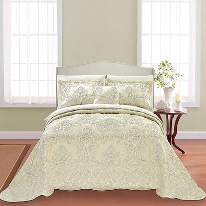 Home Soft Things Damask 4 Piece Bedspread Set, Scalloped Edge Reversible Quilt Coverlet Comforter Prewashed Bedding Set, Matelasse Embossed Floral Solid Pattern,Beige Oversize Queen(110" x 120")