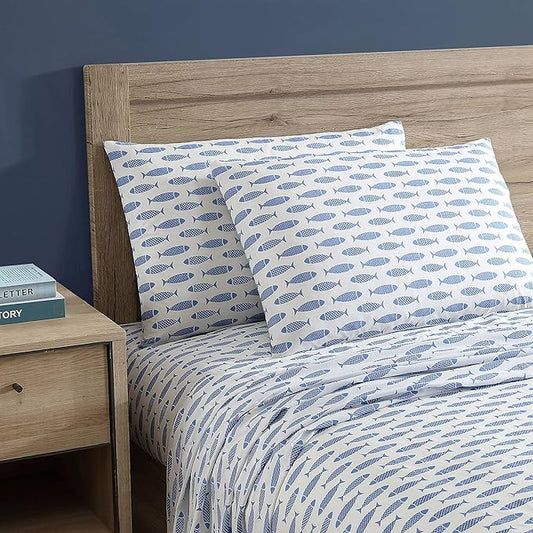 Nautica - Full Size Sheet Set, Crisp & Cool Cotton Percale Bedding with a Lightweight & Breathable Feel, Bed Sheets with Fitted Sheet & Matching Pillowcases (Woodblock Fish Blue)