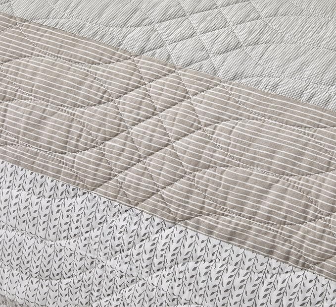 Chezmoi Collection Robyn 3-Piece Neutral Taupe Gray White Floral Hibiscus Flower Patchwork Striped Quilt Set - Pre-Washed Cotton Coverlet - Lightweight Reversible Bedspread, Queen Size