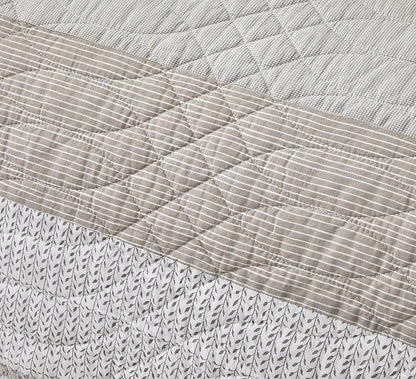 Chezmoi Collection Robyn 2-Piece Neutral Taupe Gray White Floral Hibiscus Flower Patchwork Striped Quilt Set - Pre-Washed Cotton Coverlet - Lightweight Reversible Bedspread, Twin Size