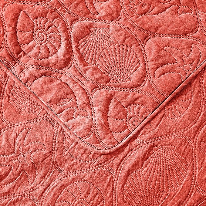Pure Bedding Quilt Set King/Cal King/California King Size Coral - Oversized Bedspread - Microfiber Coverlet - Includes 1 Quilt and 2 Shams, Ocean Star Pattern
