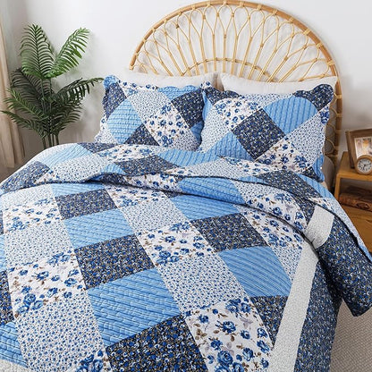 HoneiLife California King Quilt 120x120-3 Pcs Oversized King Bedspreads, Extra Large Quilt Sets All Season Use,Rustic Bedding Sets King Size,Reversible Coverlet Microfiber Bed Quilts, Blue