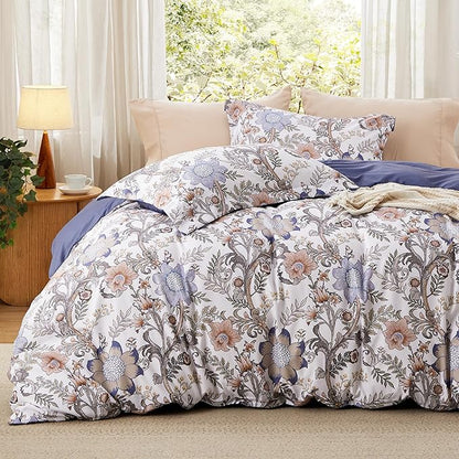 Bedsure Duvet Cover Queen Size - Reversible Blue Floral Duvet Cover Set with Zipper Closure, 3 Pieces Blossom Patterned Bedding Set with 8 Corner Ties and 2 Pillow Shams 20"x26"
