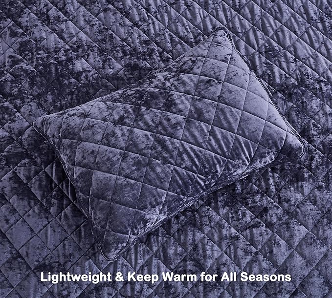 Chezmoi Collection Lux Purple Velvet Quilt Queen Set, 3-Piece Plush Distressed Velvet Bedding All Season Lightweight Comforter Brushed Microfiber Reverse with Diamond Stitch Quilting
