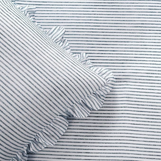 Lush Decor Ticking Stripe Bedspread Queen Size 3 Piece Set Navy - Ruffle Bedding Set Queen Bedspreads - Striped Bedding - Farmhouse & Coquette Decor