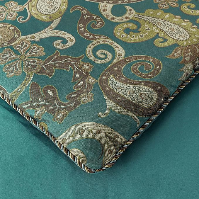 Chezmoi Collection Adelle 7-Piece Paisley Jacquard Embroidered Comforter Bedding Set, Queen, Teal