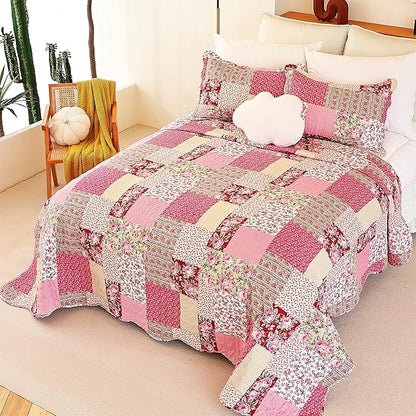 Summer Floral King Quilted Bedspread,Romantic Pink Quilt Set,Reversible Stitched Bedding Cover All Season,Soft Lightweight Coverlet with Pillow Cases (Hot Pink&Rose, King102 x90)