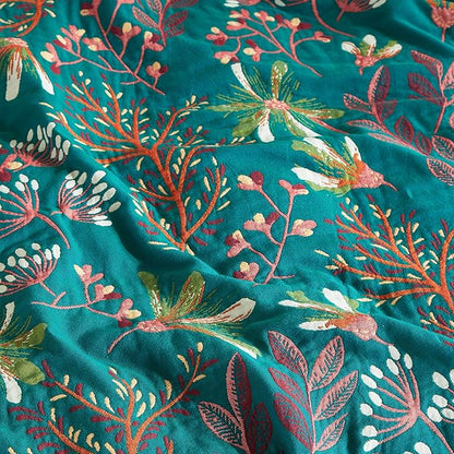 Boho Throw Blanket for Bed 50”x60”, 100% Cotton Woven Blanket for Couch Sofa, Ultra Soft 4-Layer Muslin Quilt with Floral Printed, Farmhouse Bed Blanket/Cover for Living Room Decor