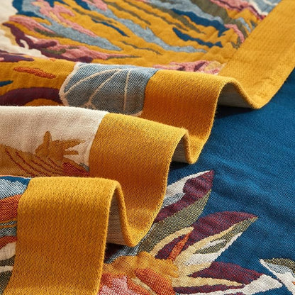 Boho Throw Blanket for Bed 50”x60”, 100% Cotton Woven Blanket for Couch Sofa, Ultra Soft 4-Layer Muslin Quilt with Floral Printed, Farmhouse Bed Blanket/Cover for Living Room Decor