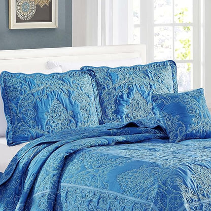 Home Soft Things Damask 4 Piece Bedspread Set,Scalloped Edge Reversible Quilt Coverlet Comforter Prewashed Bedding Set, Matelasse Embossed Floral Solid Pattern,Palace Blue Oversize King(120" x 120")