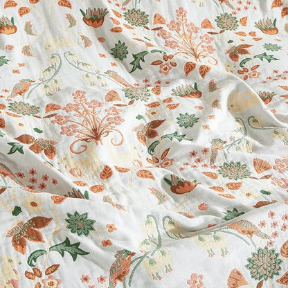 Boho Throw Blanket for Bed 60”x80”, 100% Cotton Woven Blanket for Couch Sofa, Ultra Soft 4-Layer Muslin Quilt with Floral Printed, Farmhouse Bed Blanket/Cover for Living Room Decor