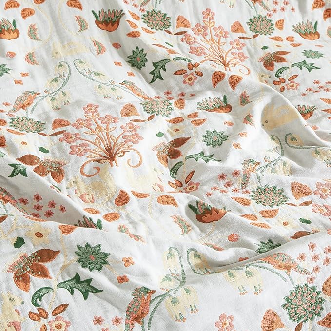 Boho Throw Blanket for Bed 90”x98”, 100% Cotton Woven Blanket for Couch Sofa, Ultra Soft 4-Layer Muslin Quilt with Floral Printed, Farmhouse Bed Blanket/Cover for Living Room Decor