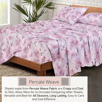 RUVANTI 100% Cotton Sheets – Split King Size Percale Bedding, Cooling & Breathable Floral Design, Durable with a Crisp, Soft & Comfortable Feel, 16" Deep Pocket, 5-Piece Set, Lilac Floral