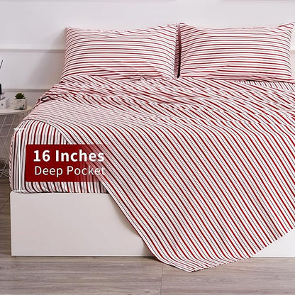 Best Season Burgundy Red Striped Sheets Set Full Size 4 Piece - Super Soft, Easy Care & Breathable Red and White Pinstripe Bed Sheet Set with 16-Inch Deep Pockets, Great Gift for Christmas & Birthday