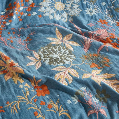 Boho Throw Blanket for Bed 80”x90”, 100% Cotton Woven Blanket for Couch Sofa, Ultra Soft 4-Layer Muslin Quilt with Floral Printed, Farmhouse Bed Blanket/Cover for Living Room Decor