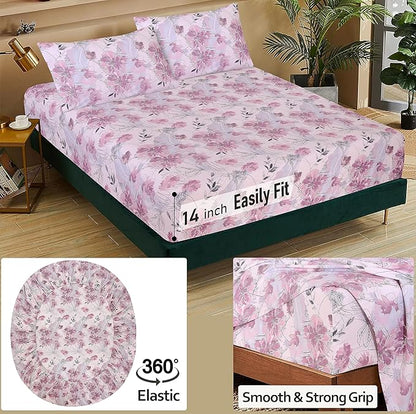 RUVANTI 100% Cotton Sheets – California King Percale Bedding, Cooling & Breathable Floral Design, Durable with a Crisp, Soft & Comfortable Feel, 14" Deep Pocket, 4-Piece Set, Lilac Floral