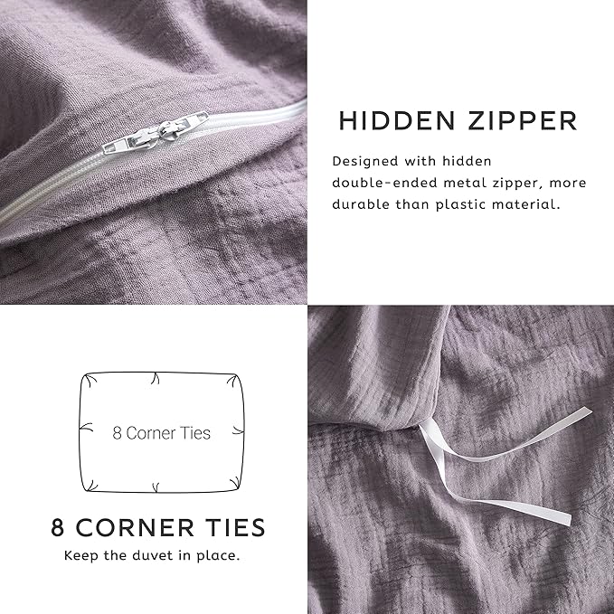 SE SOFTEXLY Muslin Duvet Cover King Size, 100% Washed Cotton Duvet Cover Set, Ultra Soft Comforter Cover Linen Like, 3 Pieces Minimalist Gauze Duvet Cover with 2 Pillowcases, 90"x104", Purple Grey