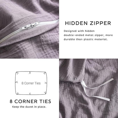 SE SOFTEXLY Muslin Duvet Cover King Size, 100% Washed Cotton Duvet Cover Set, Ultra Soft Comforter Cover Linen Like, 3 Pieces Minimalist Gauze Duvet Cover with 2 Pillowcases, 90"x104", Purple Grey
