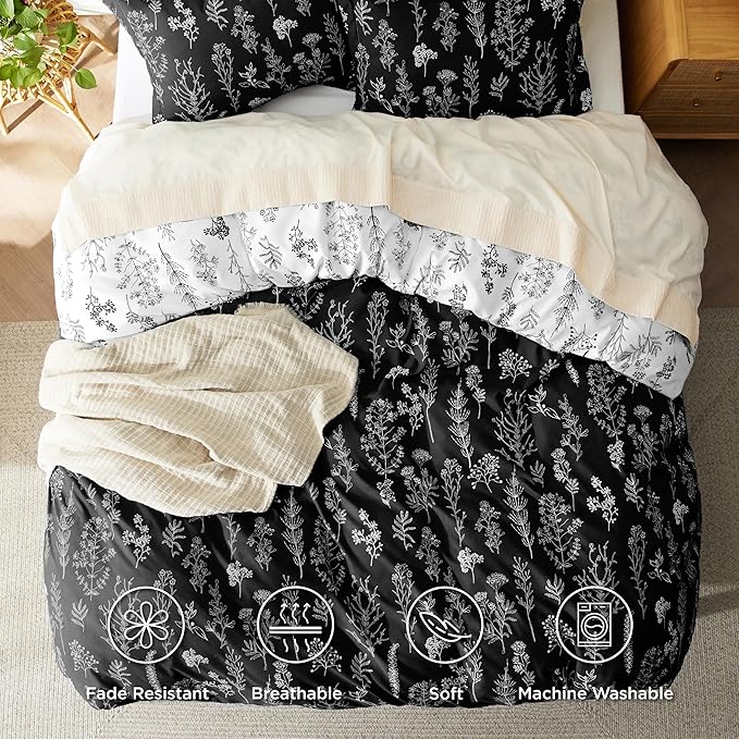 Bedsure Duvet Cover King Size - Reversible Black King Duvet Cover Set with Zipper Closure, 3 Pieces Floral Patterned Bedding Set with 8 Corner Ties and 2 Pillow Shams