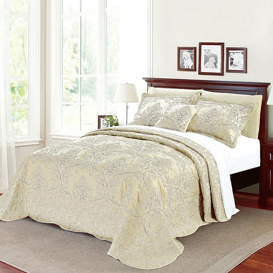 Home Soft Things Damask 4 Piece Bedspread Set, Scalloped Edge Reversible Quilt Coverlet Comforter Prewashed Bedding Set, Matelasse Embossed Floral Solid Pattern,Beige Oversize Queen(110" x 120")