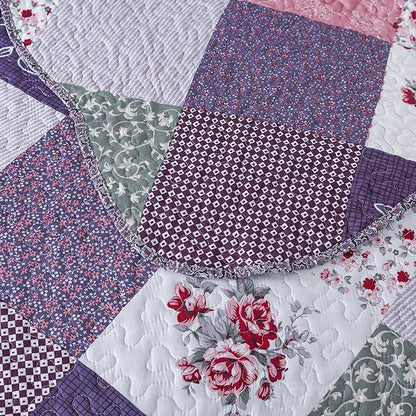 HoneiLife Quilt Set Twin Size - 2 Piece Microfiber Quilts Reversible Bedspreads Patchwork Coverlets Floral Bedding Set All Season Quilts with Geometric and Little Rose Print Pattern，Purple