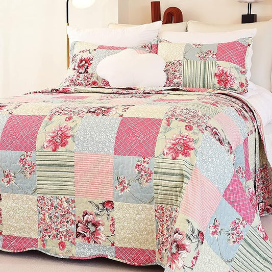 Cmfshape Summer Floral King Quilted Bedspread,Romantic Pink Quilt Set King,Reversible Stitched Bedding Set All Season,Soft Lightweight Coverlet with Pillow Cases (Pink&Grey, King102 x90)