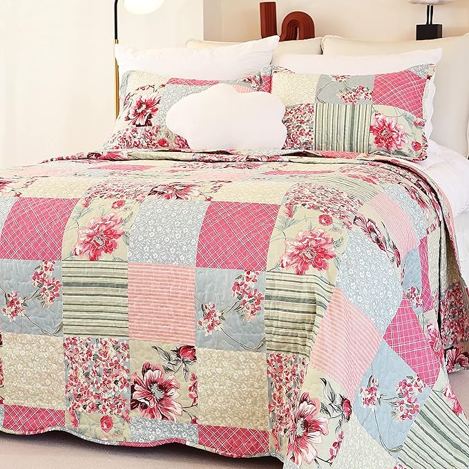 Cmfshape Summer Floral Queen Quilted Bedspread,Romantic Pink Quilt Set,Reversible Stitched Bedding Set All Season,Soft Lightweight Coverlet with Pillow Cases (Pink&Grey, Queen90 x90)